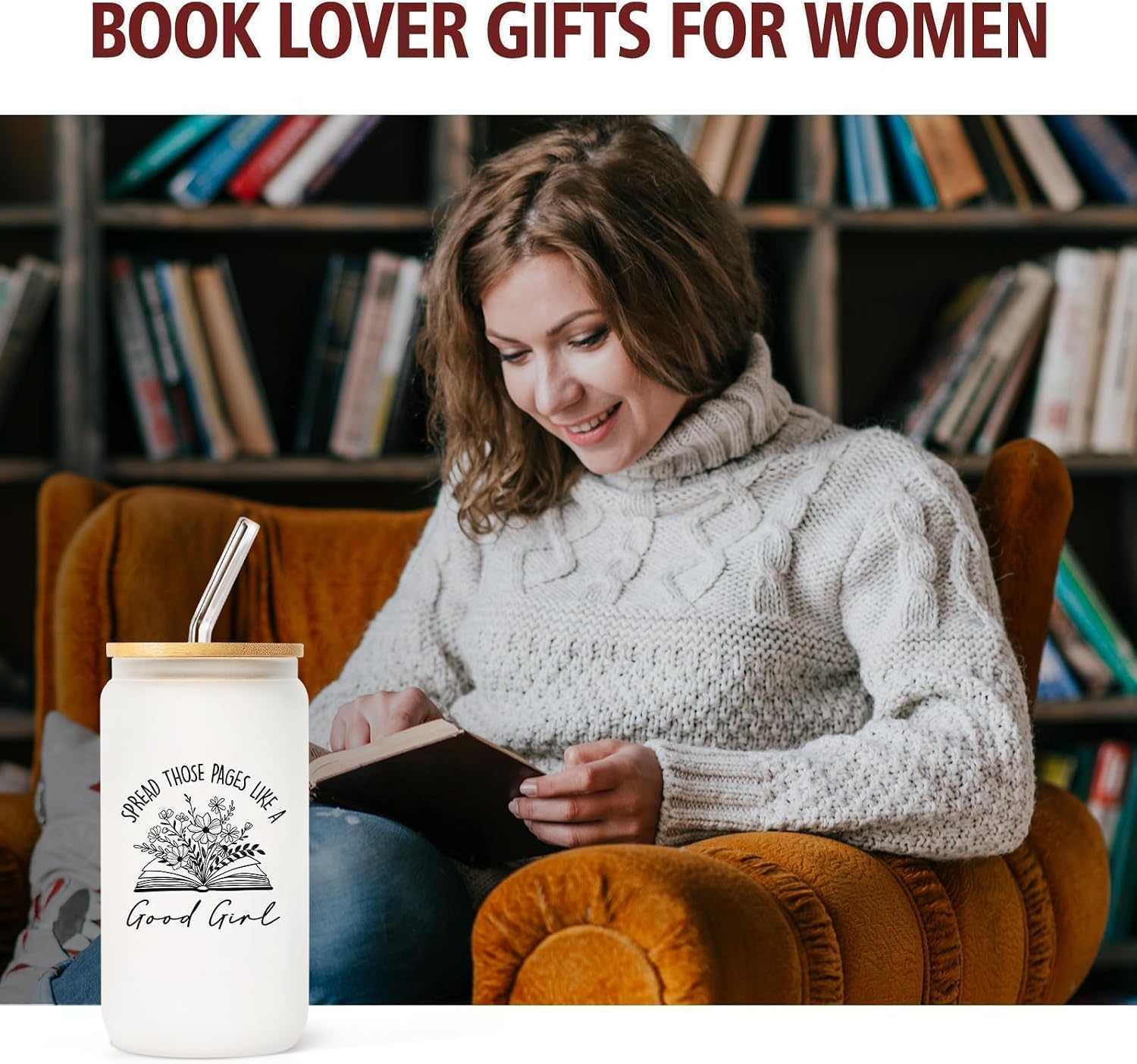 SteadStyle Book Lovers Gifts for Girl -16oz Glass Cups with Lid & Straw