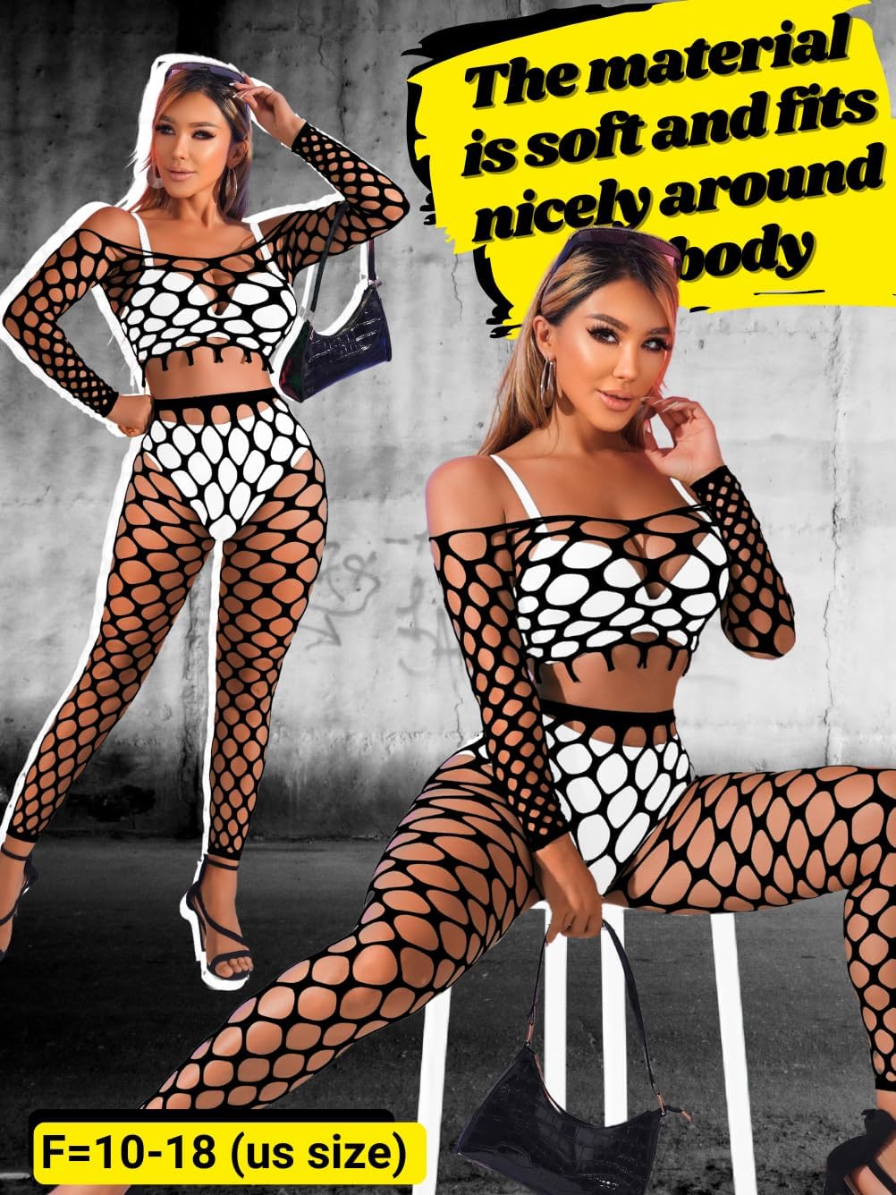 Kaei&Shi Sexy Fishnet Bodysuit Stockings,Mesh Long Sleeve Crop Top Lingerie,Hollow Out Music Festival Rave Outfits - Image 4