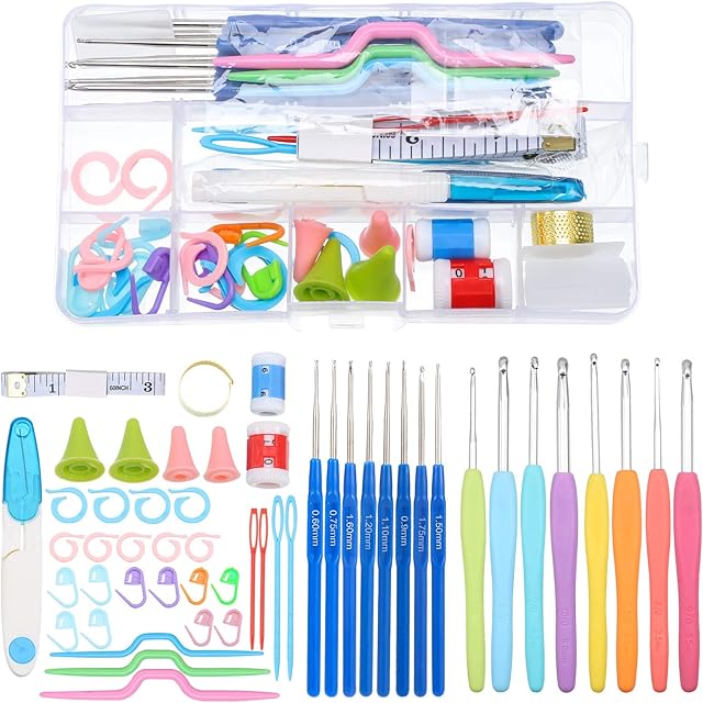 Xinzistar Crochet Hooks Set Crochet Starter Kits for Beginners Adults Kids, Ergonomic Crochet Hooks Knitting Needles Stitch Markers Yarn Crochet Tools Accessories with Storage Box
