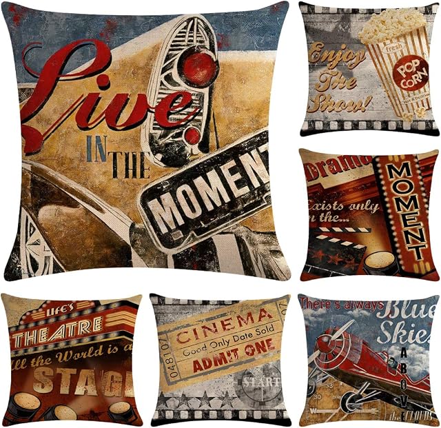 Hodeacc 6 Pcs Vintage Movie Pattern Pillow Cases,Theater Cinema Cushion Covers Film Projector Decorative Pillow case for Sofa Couch Bed Chair,18 x 18 Inch,CASE ONLY