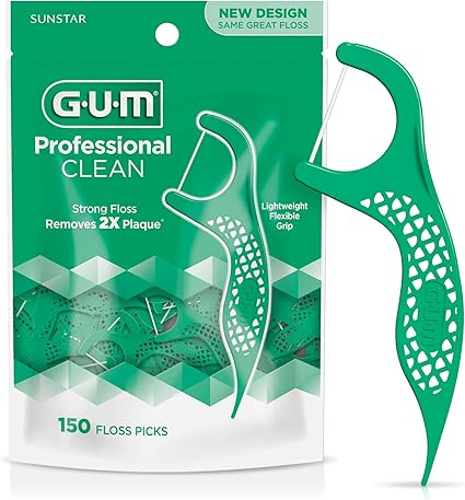 GUM Professional Clean Flossers Picks, Extra Strong Floss Proven to Remove More Plaque, Fresh Mint Flavour, Green, 150 flossers (1 Bag)