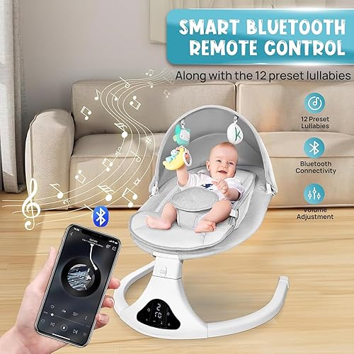 Miniatura 9 de Columpio portátil para bebés, columpio eléctrico para recién nacido con control remoto para bebés con 5 velocidades de balanceo, 12 música