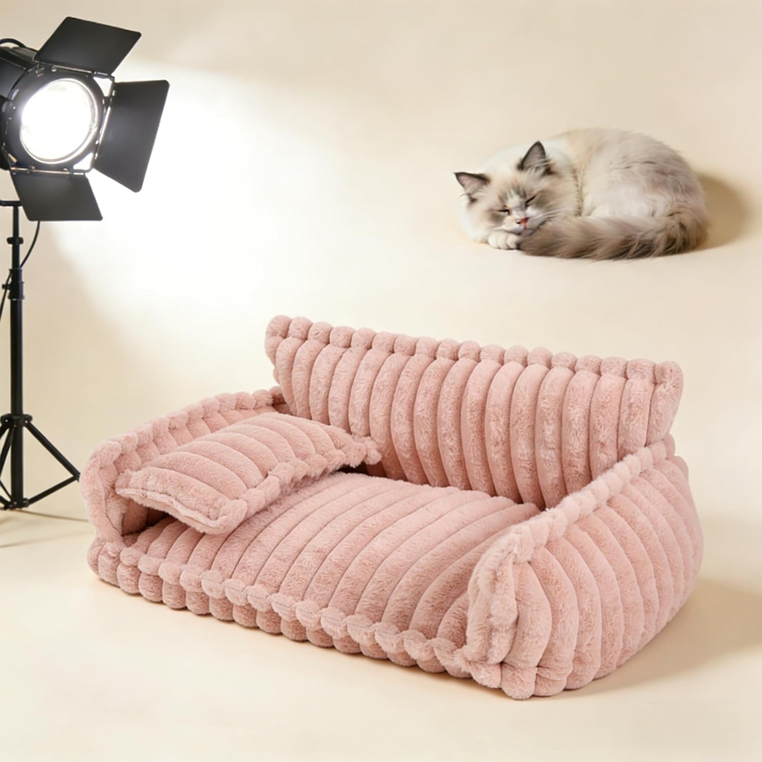 31.5in Large Dog Couch, Dog Beds for Medium Size Dogs, Cute Soft Fluffy Pet Sofa with Pillow and Removable Washable Cover, Calming Modern Style for Fuzzy Pets(Pink, 31.5 * 22.4 * 13inch)
