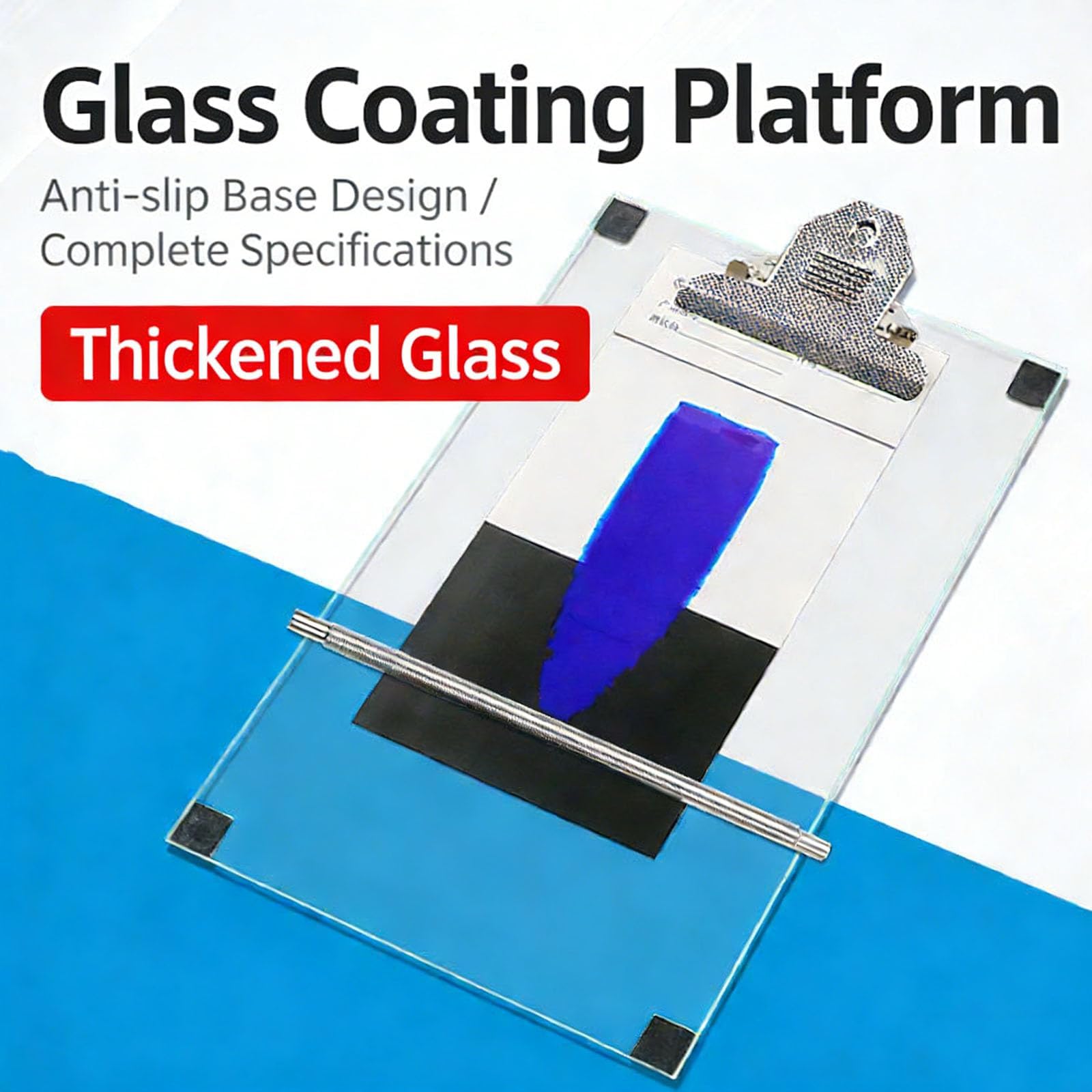 Plataforma de revestimiento de vidrio de laboratorio, placa preparadora de película húmeda, 8 mm de grosor con clip de metal, ideal para pruebas de revestimiento y aplicaciones de investigación