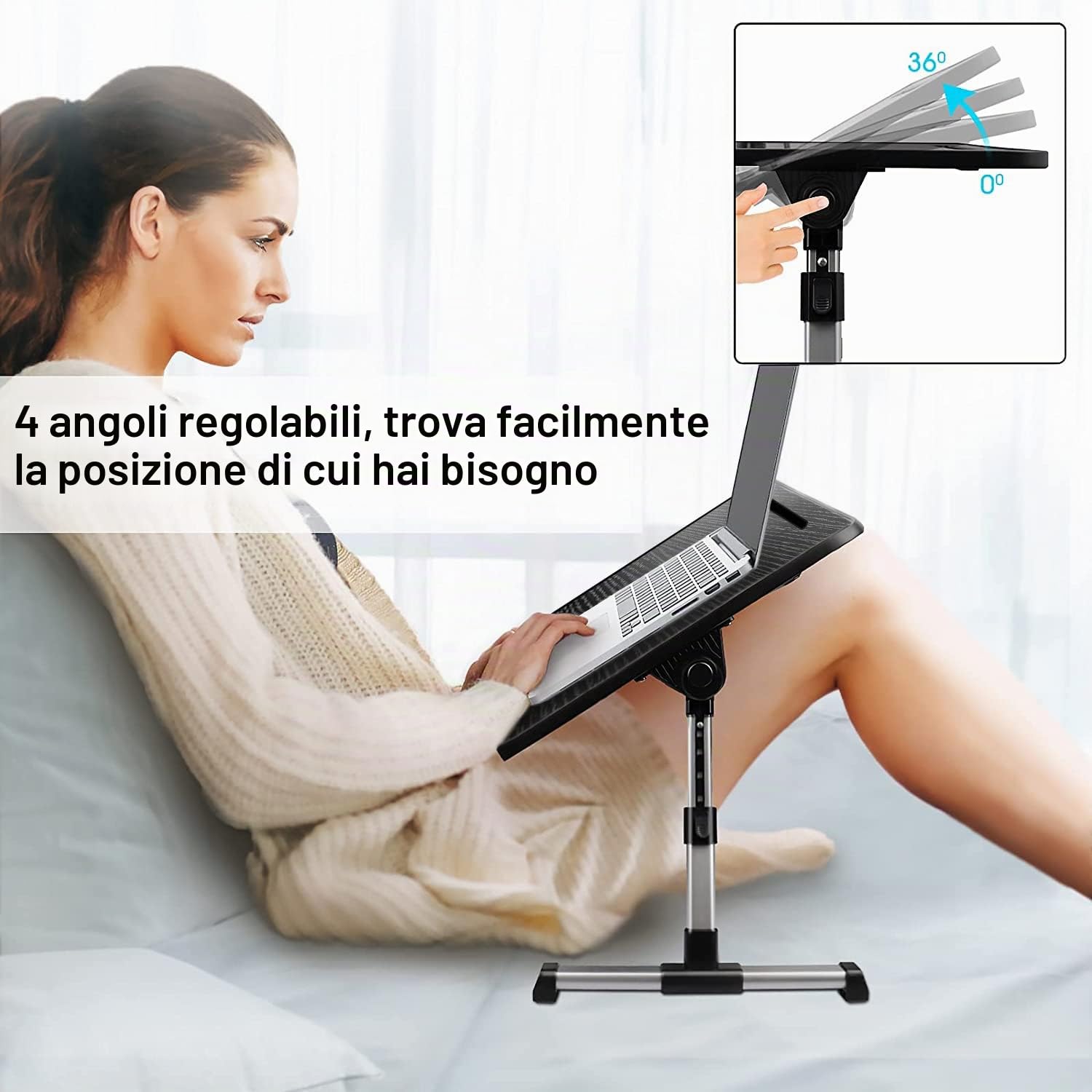 Tavolino da Letto, Regolabile in Altezza und Angolo, Tavolino Pieghevole con Cassettiera, Supporto per Tablet, Tavolini per Letto, Divano, Pavimento (60 x 34 cm, Nero)