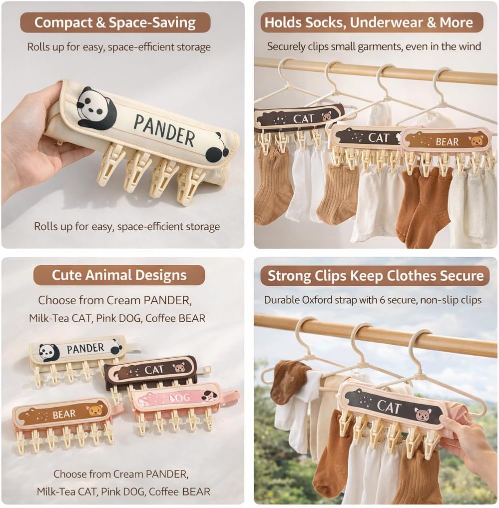 FOLAI 4-Pack Portable Fabric Products Travel Hangers Foldable Suitcase Clothespin Small Clothes pin Rack with 6 Clips（Animal-Themed）