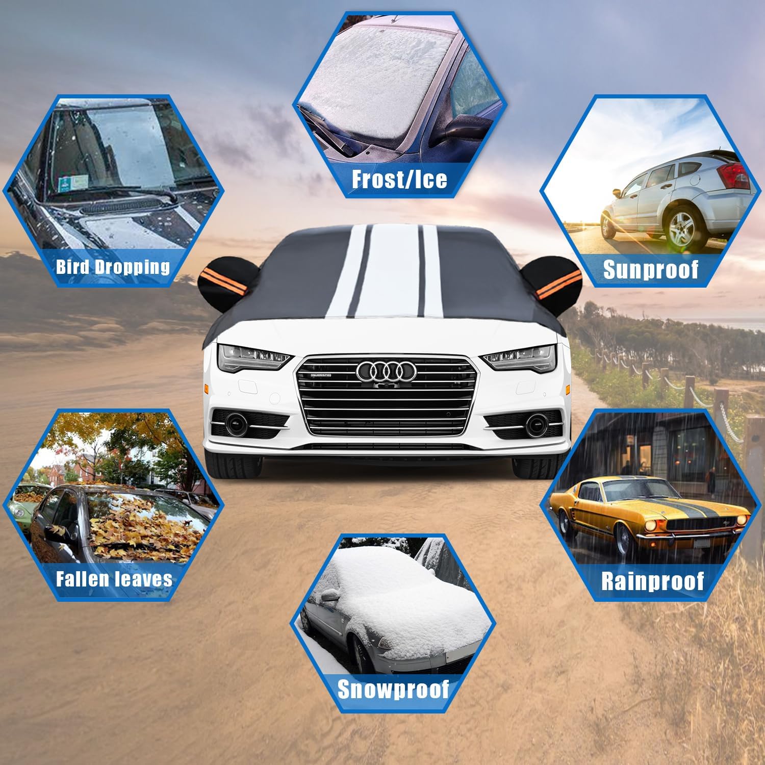 Universal Half Car Cover for SUV, Windshield Cover for Ice and Snow，Roof Cover Waterproof All Weather Dustproof,Outdoor Indoor All Season Sun, Rain, UV Protection.Front Rear Window Cover.YM