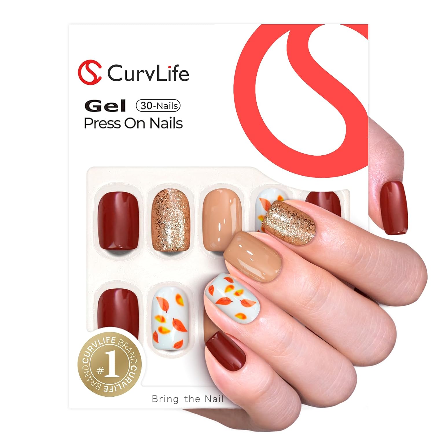 Curvlife Press On Nails – 30PCS Full Cover False Natural Fit Soft Gel Fake Nails Tips, Easy to Apply at Home Glue On False Nails Kit (Autumn-Inspired Brown Nails with Glitter and Leaf Design, Short)