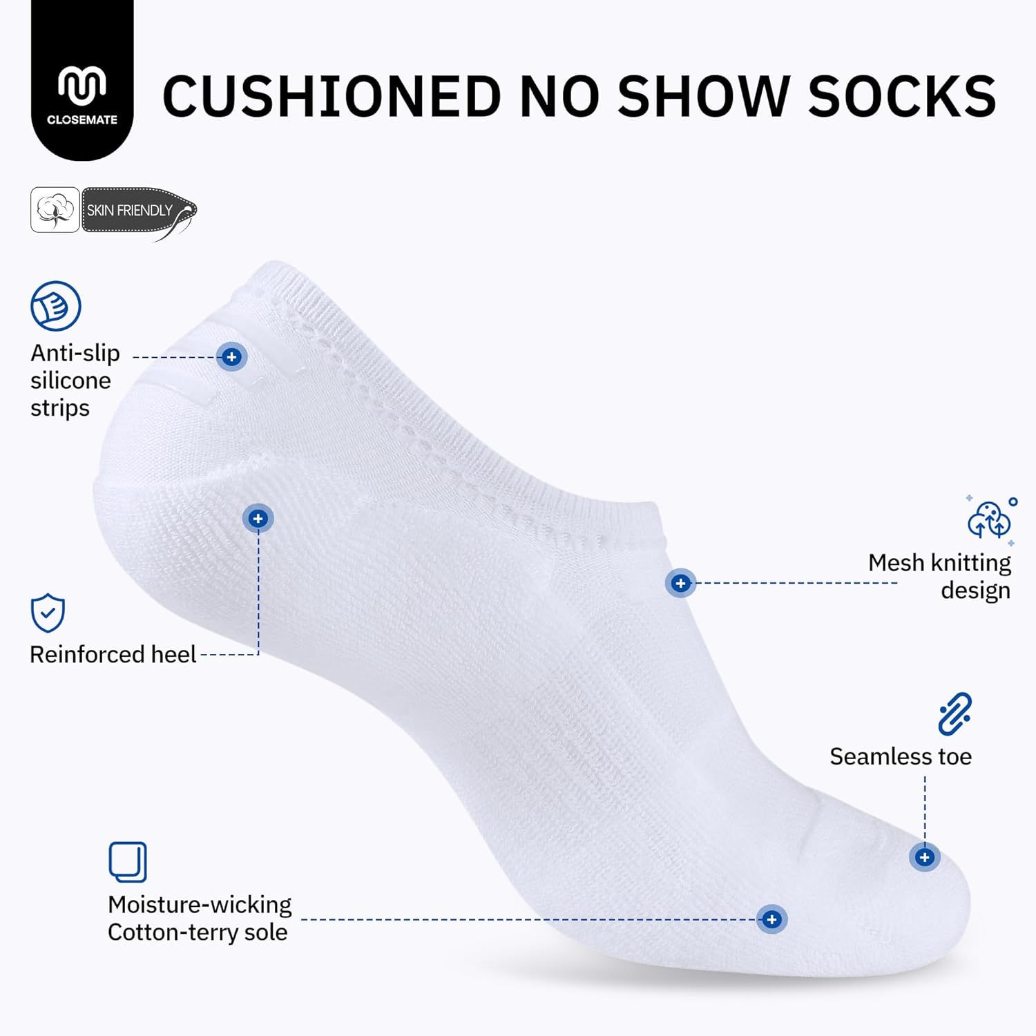 CLOSEMATE No Show Ankle Socks for Women Cushioned Low Cut Non Slip with Silicone Grips 6 Pairs - Image 3