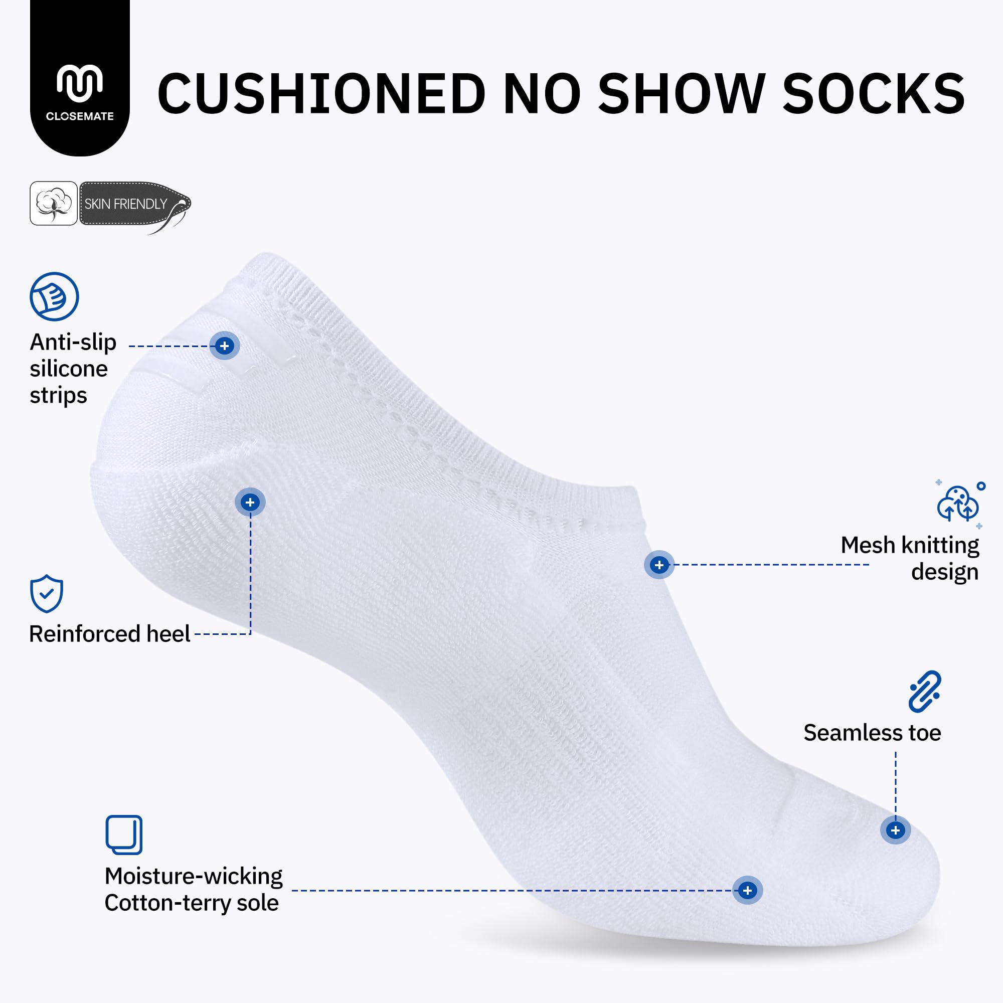 CLOSEMATE No Show Ankle Socks for Women Cushioned Low Cut Non Slip with Silicone Grips for Running 6 Pairs(6White, Size S)
