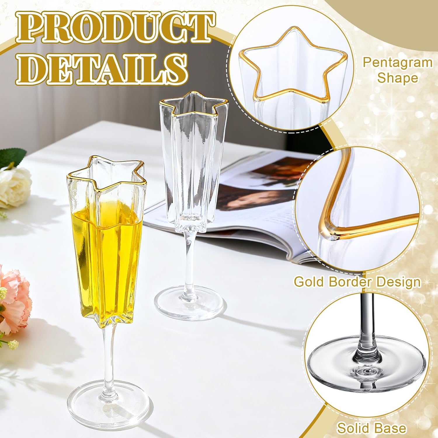 4 Pcs Star Shaped Champagne Flutes Glasses Gift Set Transparent Gold Rim Cocktail Glasses for 4th of July Independence Day Parties, Christmas, New Year, Weddings Anniversary Celebrations