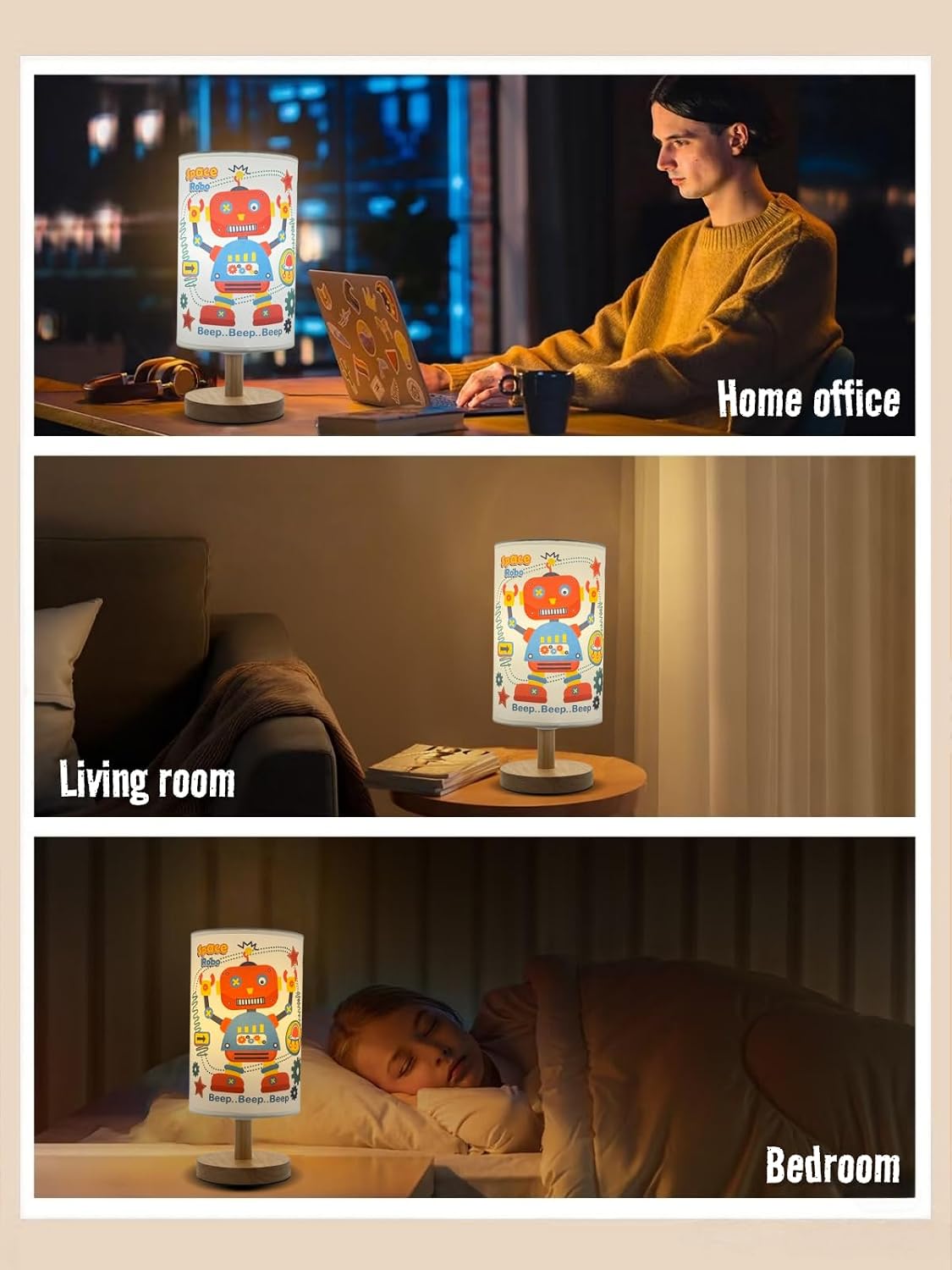 Robot Kids Table Lamp for Bedroom Boys Bedside Lamps,3 Color Dimmable Nightstand Night Light with Cartoon Robot Lampshade and Wood Bas for Bedroom Living Kid Room Study for Practical Gift for Boys