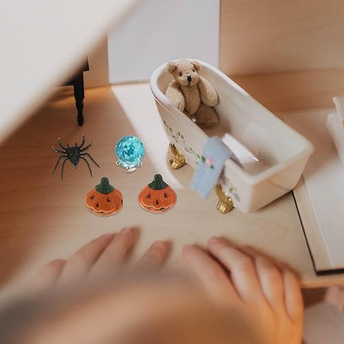 Miniatura 6 de Decoración de Halloween para casa de muñecas, 1 juego de casa de muñecas de plástico para decorar calabaza, caja de Halloween, casa de muñecas en