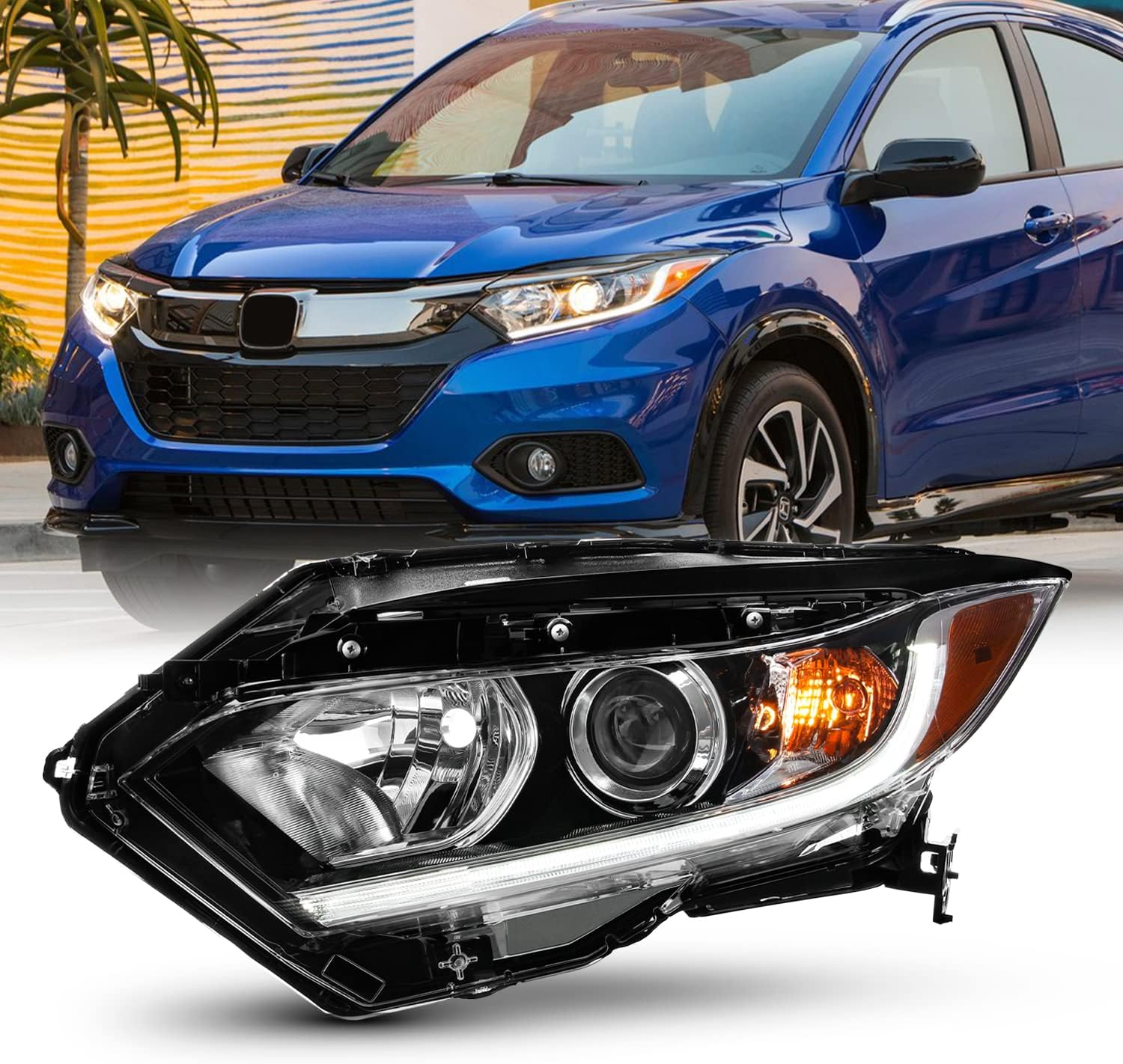 AKKON - Fit 2019 2020 2021 2022 Honda HR-V 19-22 Halogen w/LED DRL Headlights OE Style Headlamp Black Passenger Right Side