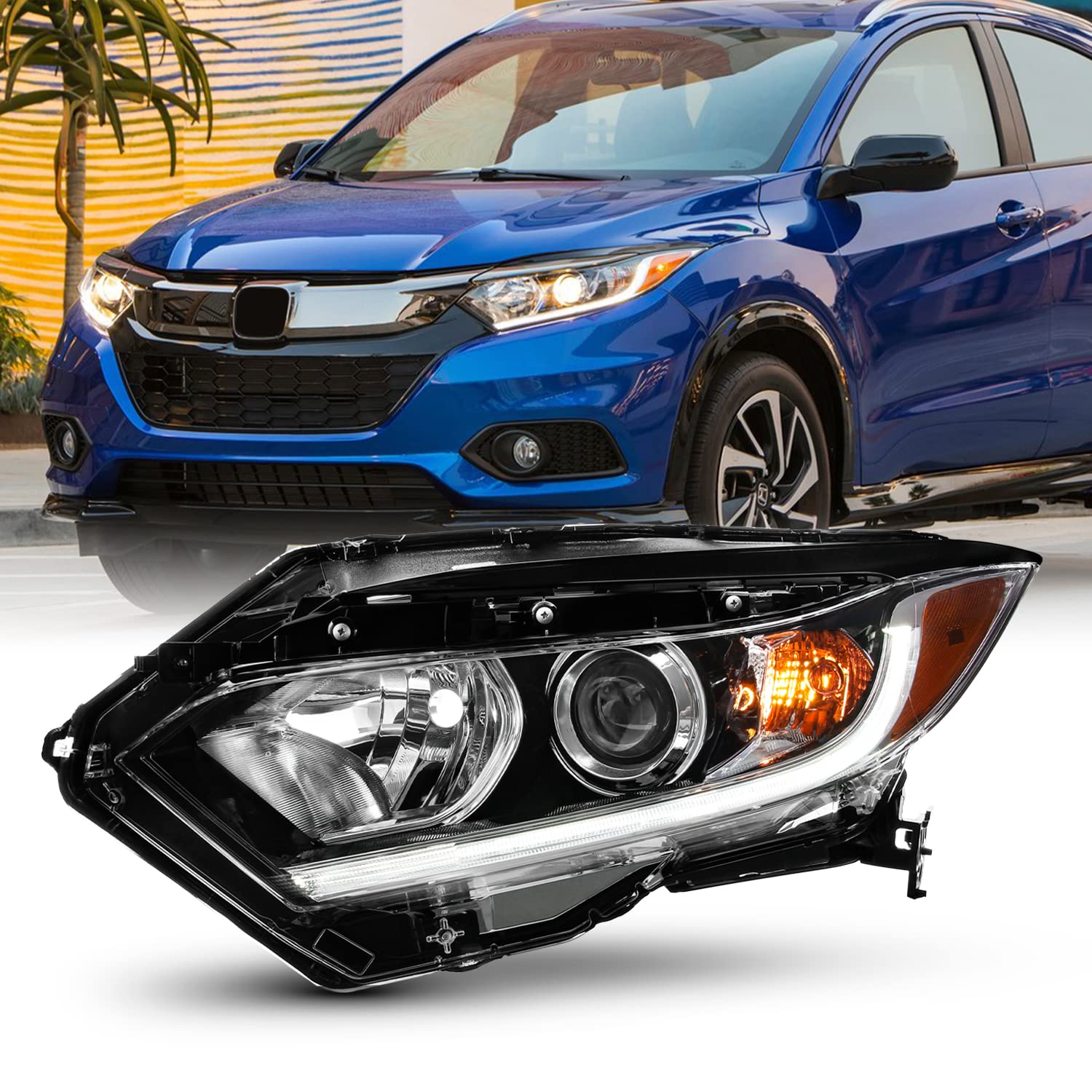 AKKON - Fit 2019 2020 2021 2022 Honda HR-V 19-22 Halogen w/LED DRL Headlights OE Style Headlamp Black Driver Left Side