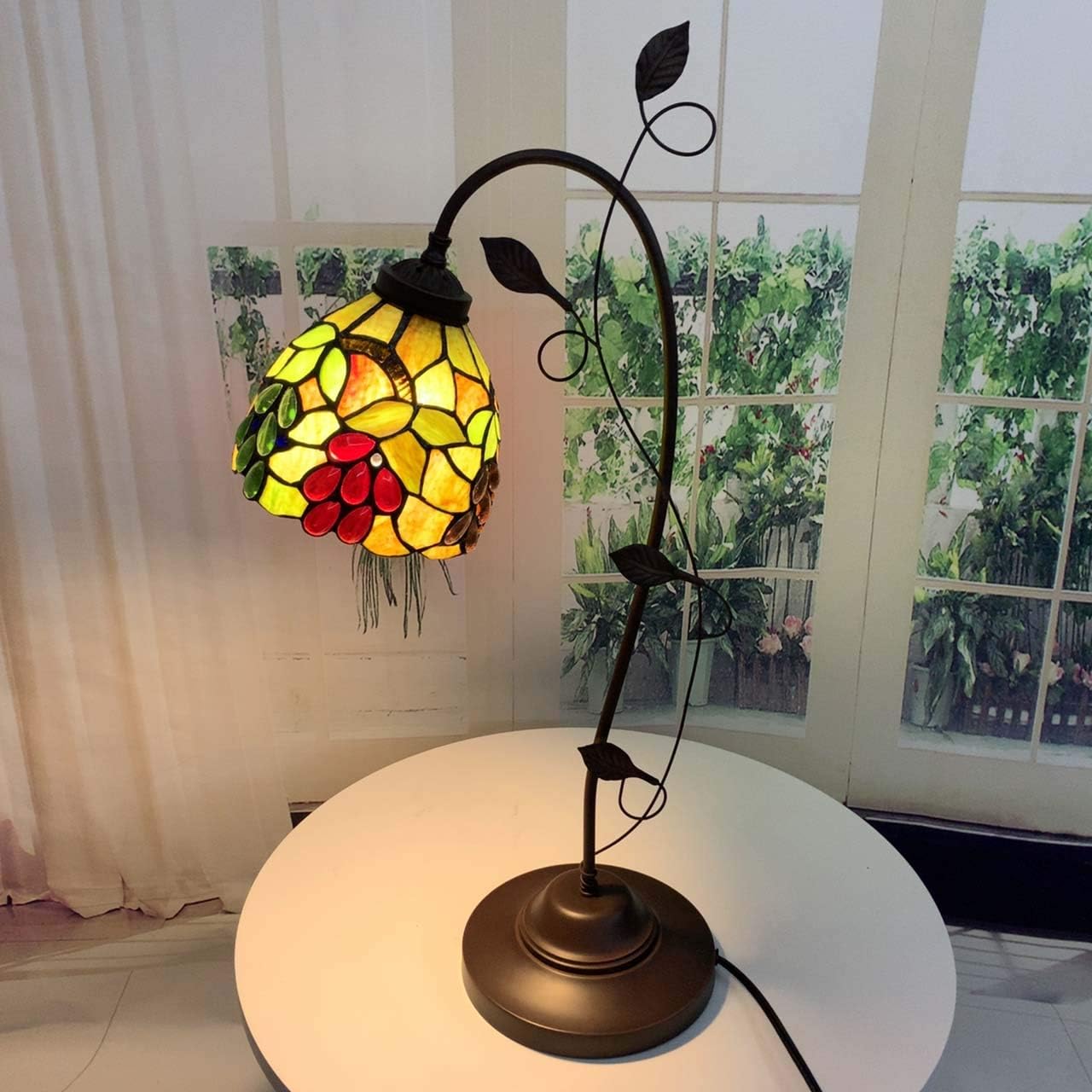 Bieye L10763 Grape Tiffany Style Stained Glass Table Lamp with Grapevine Decorated Base, 28.5 inches Tall