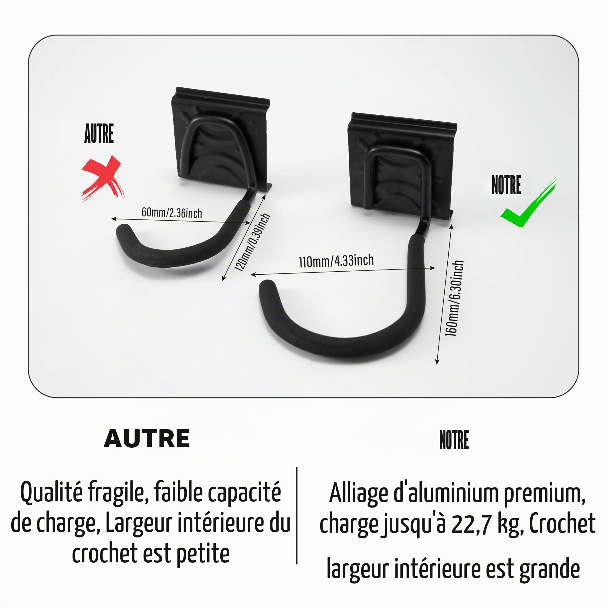 Sinoer support mural pour vélos,porte velo，rangement garage， support mural pour 4 vélos et 2 casques, crochet mural résistant en acier massif, 2 rails de 16 pouces.