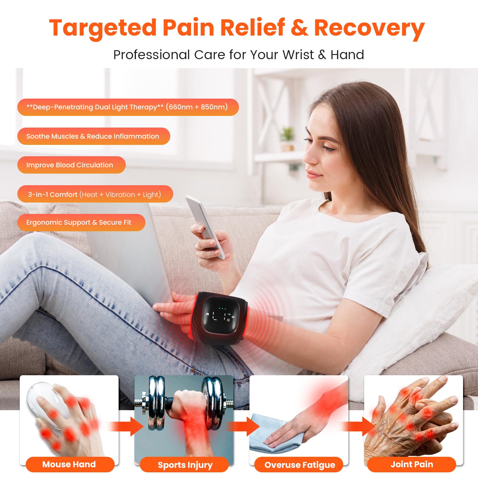 Keneo Pulsera de terapia de luz roja para mano y muñeca, dispositivo de luz infrarroja cercana de 660 nm y 850 nm, 3 ajustes de masaje de calor y vibración, 2000 mAh inalámbrico, 36 LED para mayor
