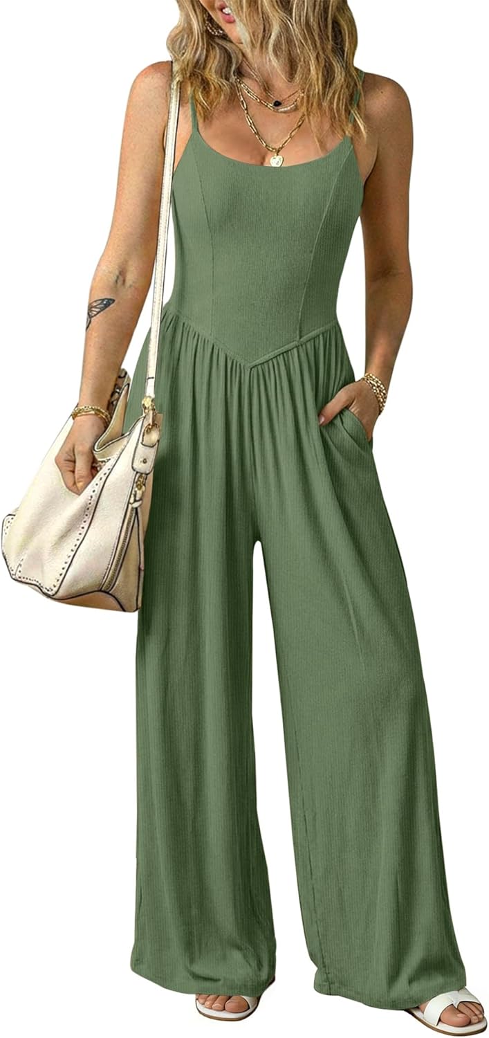 Relipop Women Summer Scoop Neck Spaghetti strap Wide Leg Jumpsuits 2026 Casual One Piece Jumper Romper Outfits & Pockets