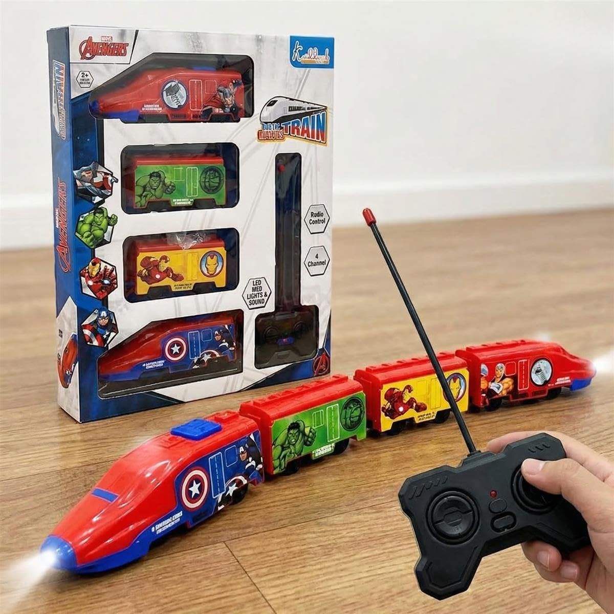 Avengers Theme RC Train, Kids Express Train Toy with Remote Control, Lights and Sounds, Rechargeable EMU Train Model Toy for Kids Boys Girls (Blue)-image-4