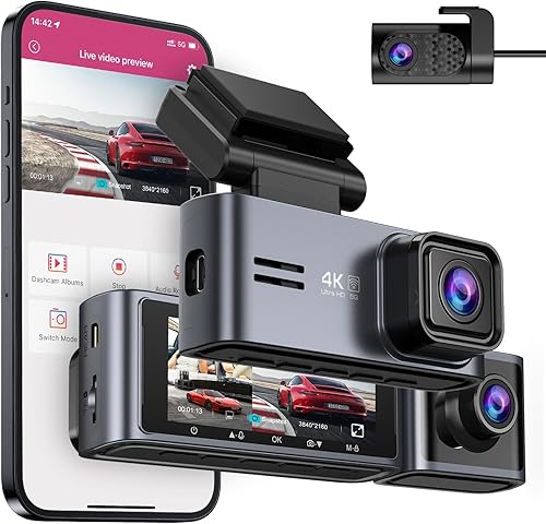 OMBAR Dash Cam 5G WiFi GPS, cámara de tablero de 3 canales delantera y trasera interior 2K+1080P+1080P, pantalla LCD de 3.18 pulgadas, tarjeta de 64