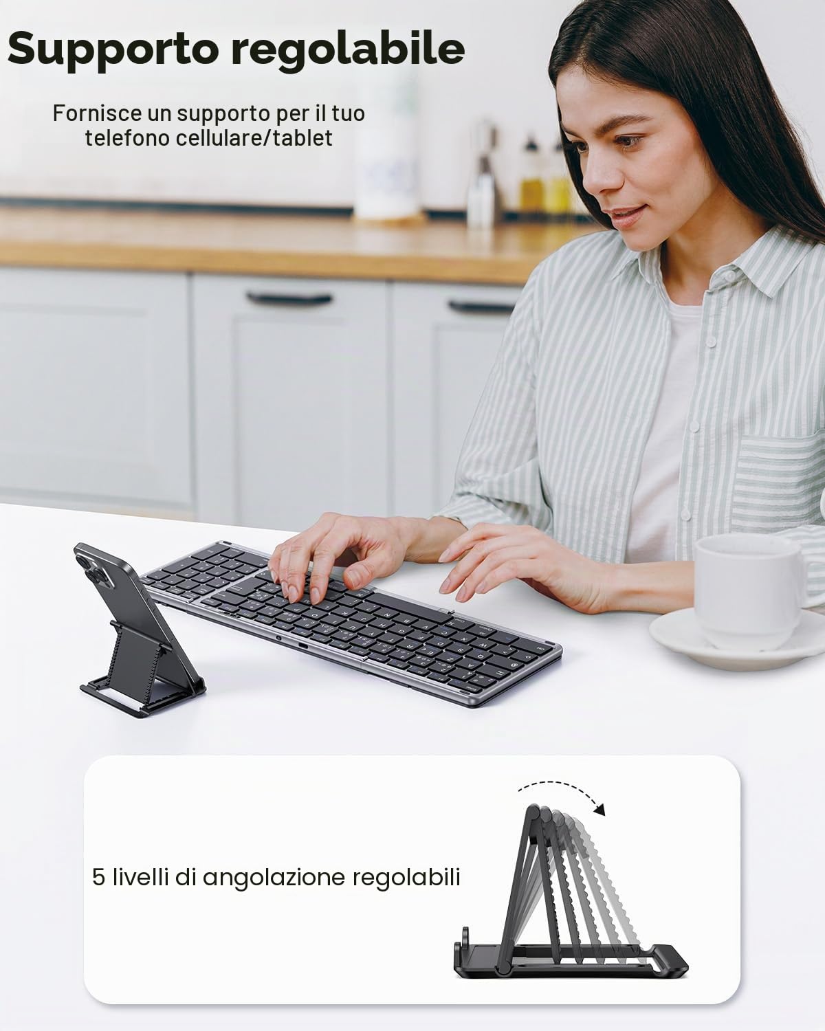 OMOTON Tastiera Bluetooth pieghevole con tastierino numerico, tastiera senza fili AZERTY ricaricabile, full-size, portatile Keyboard per Android Windows iOS Mac iPad Tablet PC, Grigio siderale