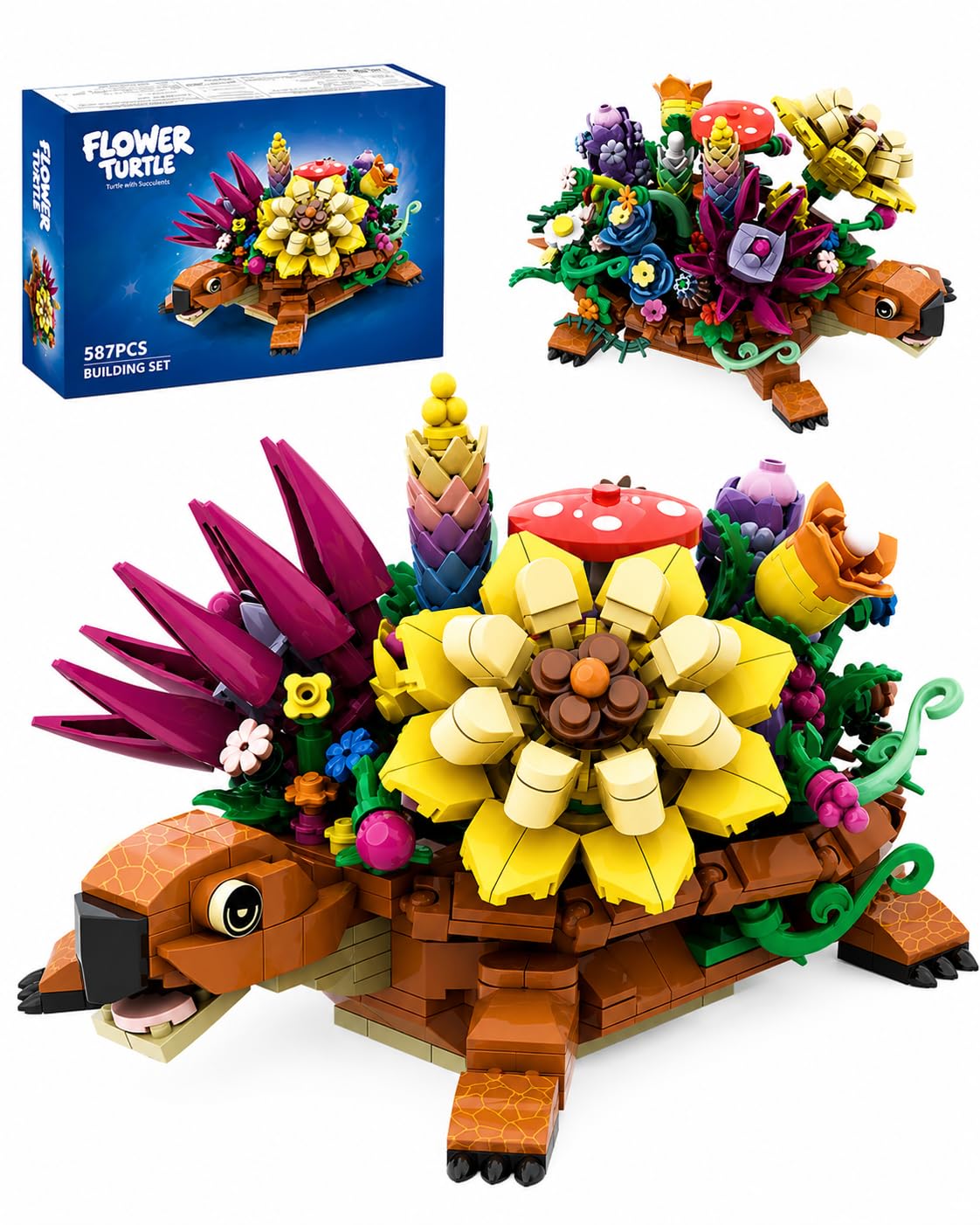 JYLWSMHU Sea Turtle Succulent Building Block Set 587 Pcs Botanical Flower Plant Model Kit for Adults & Teens Creative Animal Micro Garden Construction Toy Home Office Desk Decor Display Art Gift