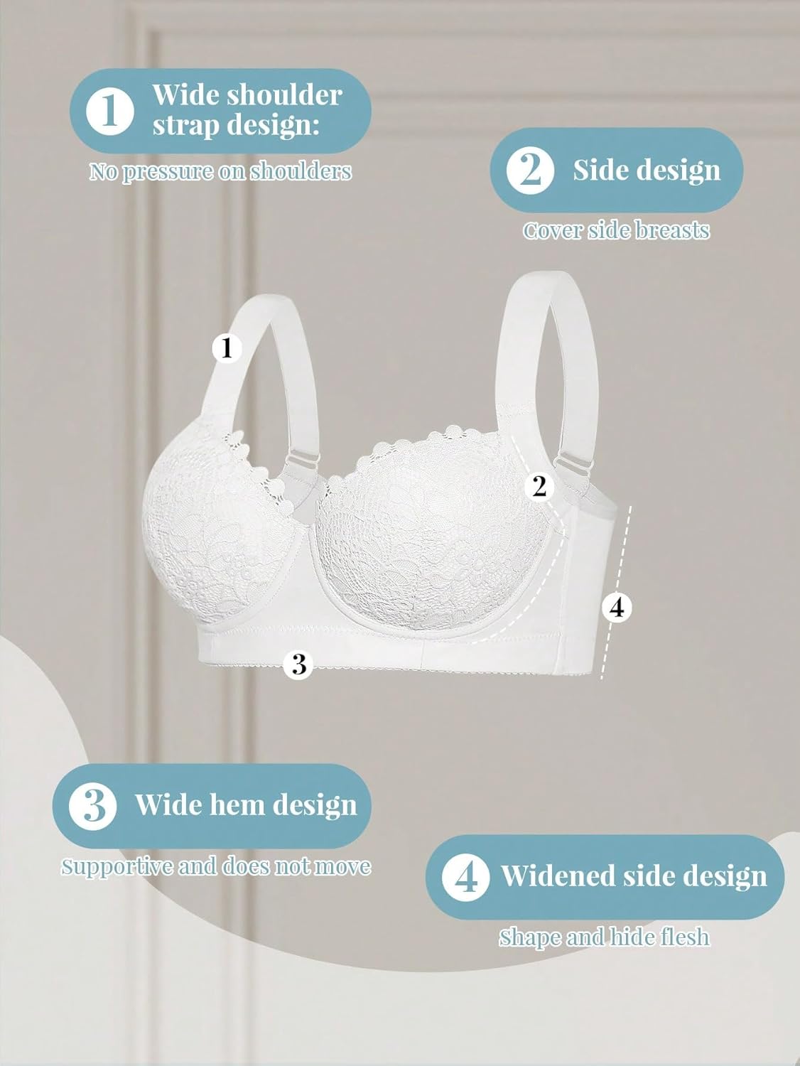 OYOANGLE Women's Underwire Adjustable Push Up Sexy Elegant Lace Bra Soft with Wide Strap White A Medium - Image 5