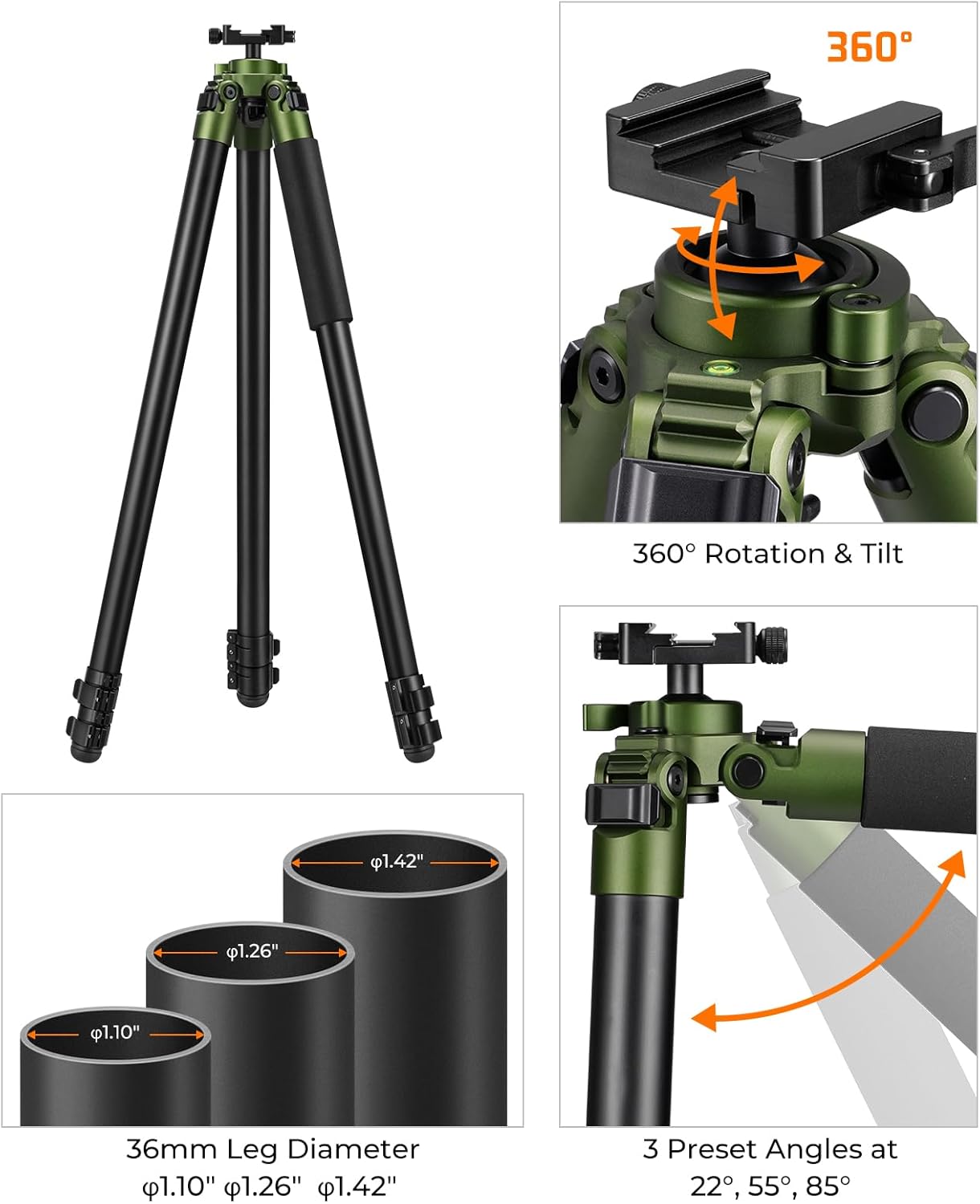 Shooting Tripod with Sturdy Aluminum Frame, Shooting Sticks for Hunting Rifles, 360° Tilt Swivel, Bubble Level, Compatible with Arca-Swiss Head Mount, Rifle Tripod for Hunting Outdoor, Black