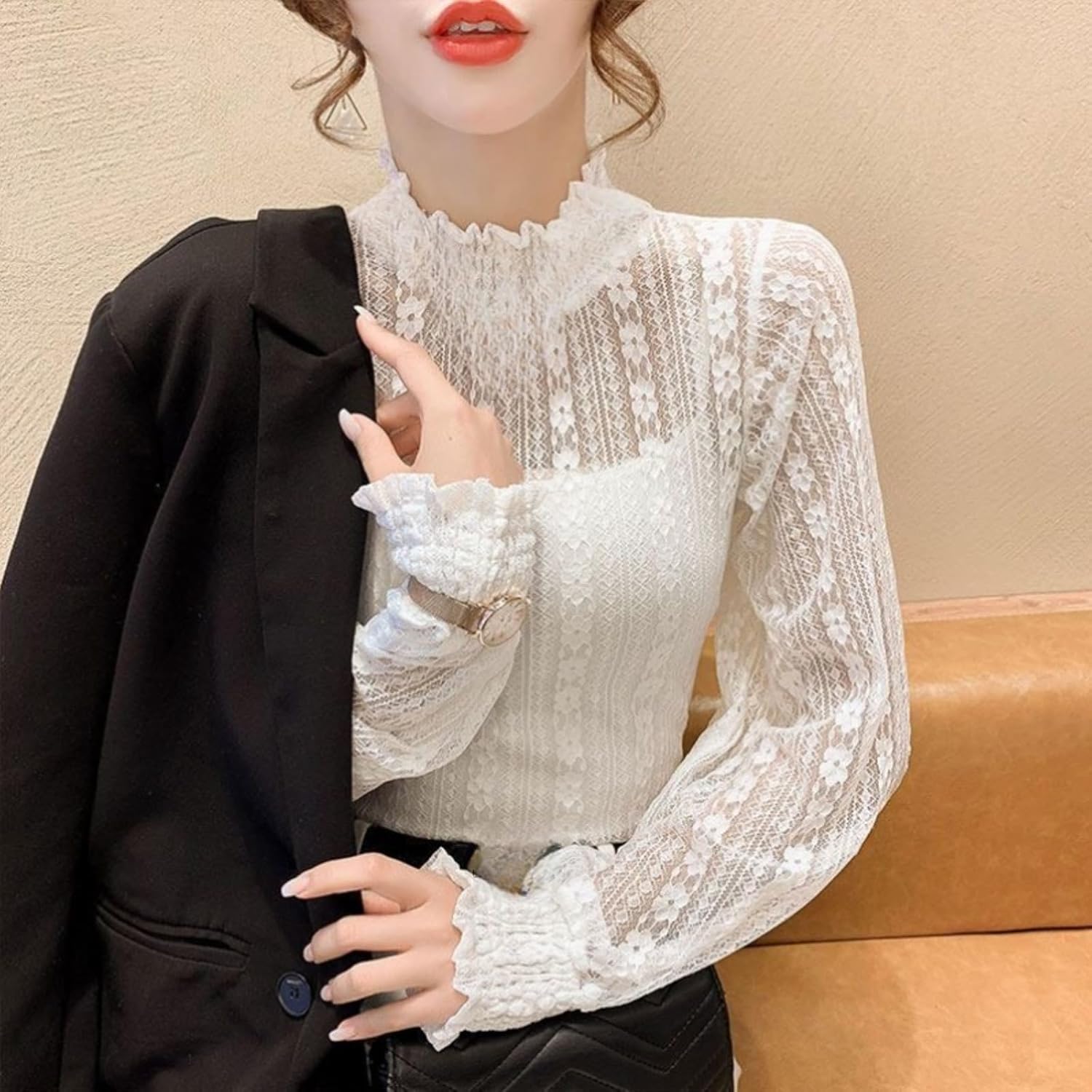 YEKEYI Lace Tops for Women Long Sleeve Mock Neck Sheer Blouse See Through Floral Lace Tops - Image 3