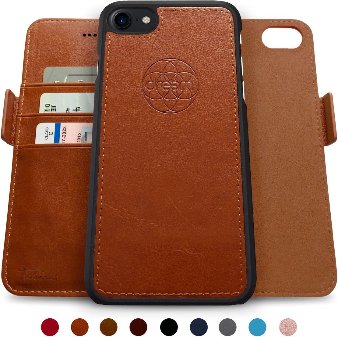 Dreem Fibonacci 2-in-1 Wallet-Case for iPhone 8 & 7, Magnetic Detachable PC Slim-Case, Luxury Vegan Leather, RFID Protection, Smart 2-Way Stand, Gift-Box - Caramel
