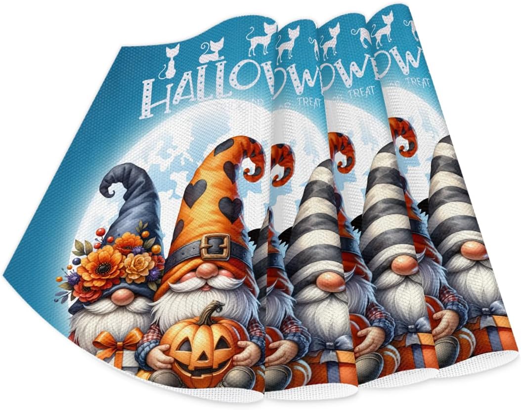 Halloween Pumpkin Gnome Wedge Placemats Set of 4+1pcs PVC Washable Wedge Place mats Round Table mat Wipeable Plastic Dining Table mats for Kitchen Indoor Outdoor Patio Table Decor