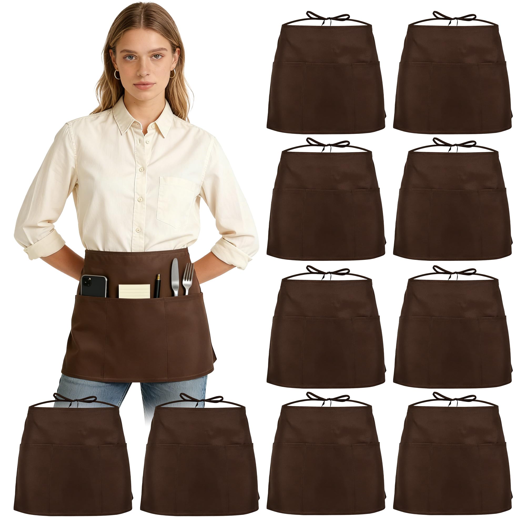 WENLISELL 10 Pack Waist Apron, Brown Half Aprons with 3 Pockets, 63x47cm Short Chef Apron for Home Kitchen Restaurant Work, Cooking, Waiter, Baking