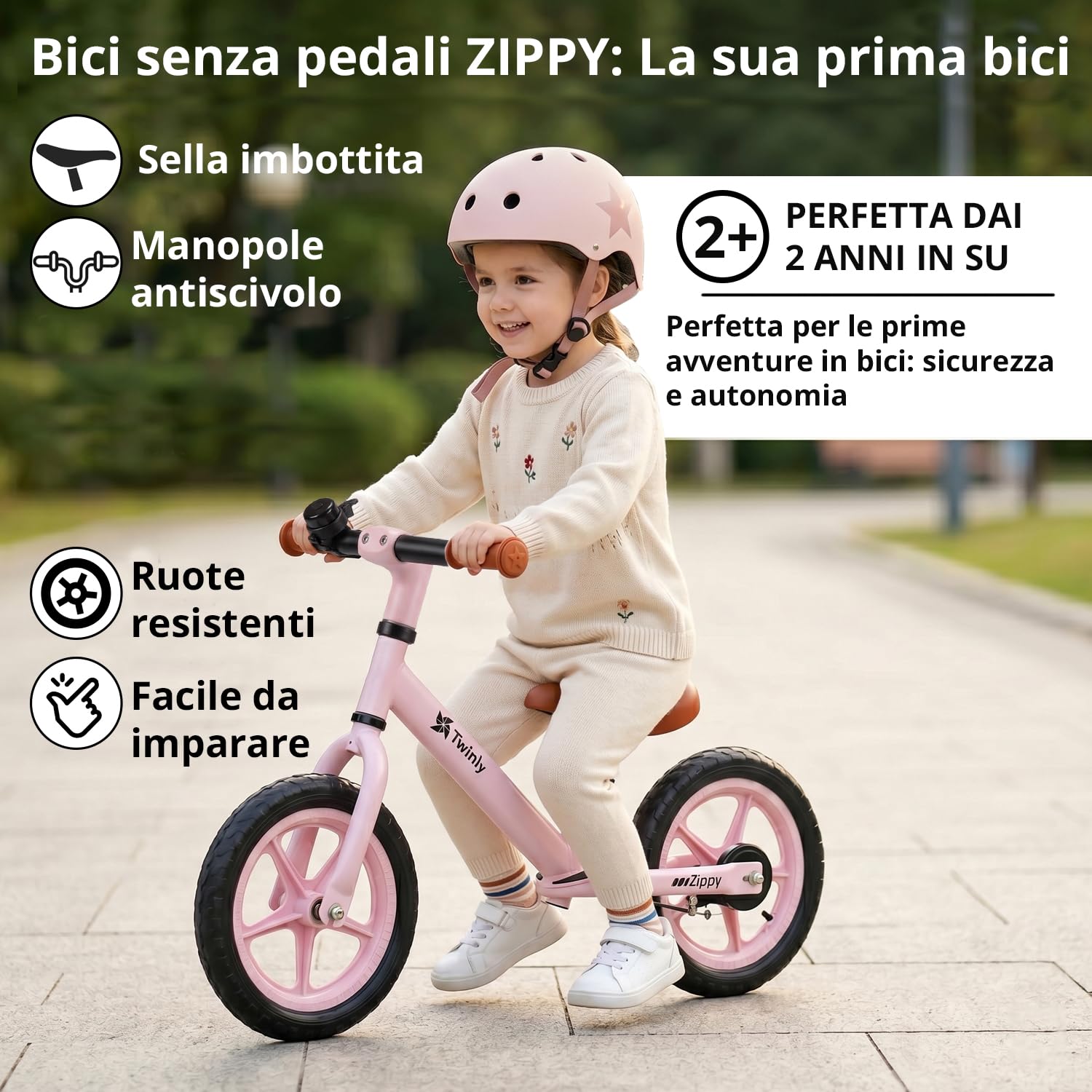 Twinly Bicicletta da Bilanciamento per Bambini 3-6 Anni Zippy Bicicletta senza Pedali con Sedile Regolabile 80-125 cm, fino a 30 kg, Equilibrio e Coordinamento