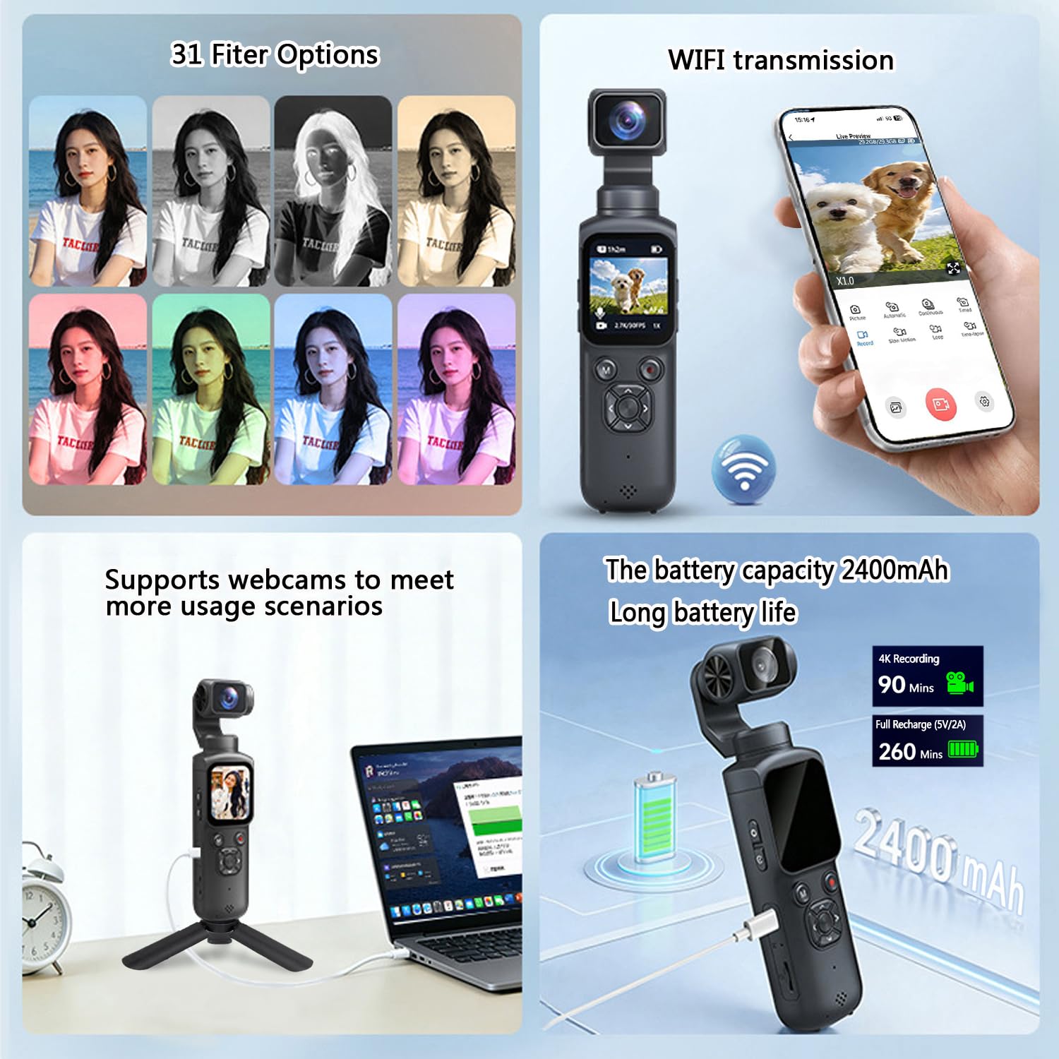 Fotocamera 4K Vlogging con obiettivo rotante a 330° e tracciamento facciale, fotocamera digitale tascabile portatile per YouTube TikTok con WiFi, include scheda da 16 GB, treppiede e borsa per