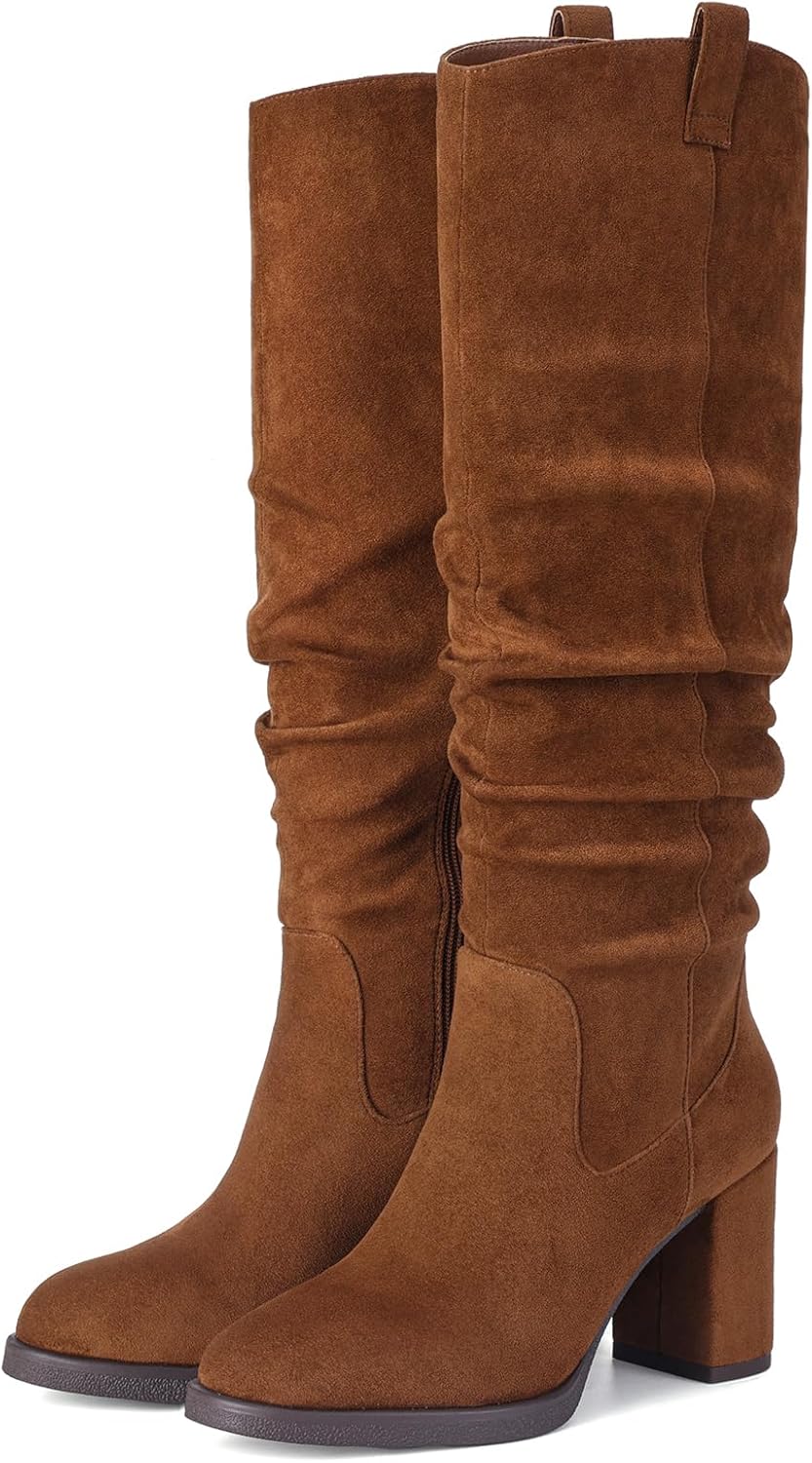 Suede Knee High Boots for Women - Tall Chunky High Heel Dress Boot with Side Zipper, Round Toe Ruched Slouch Block Long Boots for Ladies, Stylish Fall Boot for Work, Party & Everyday Wear - Image 5