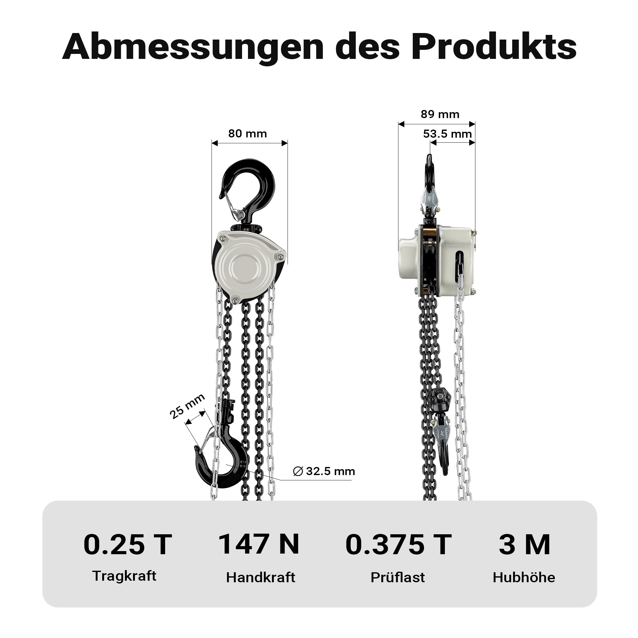 Wiltec Kettenzug bis 250 kg, robuster Handkettenzug 3 m Hubhöhe, Tragmittel mit 3 m Lastkette, Hebezeug manuell, hochbelastbares Hebemittel