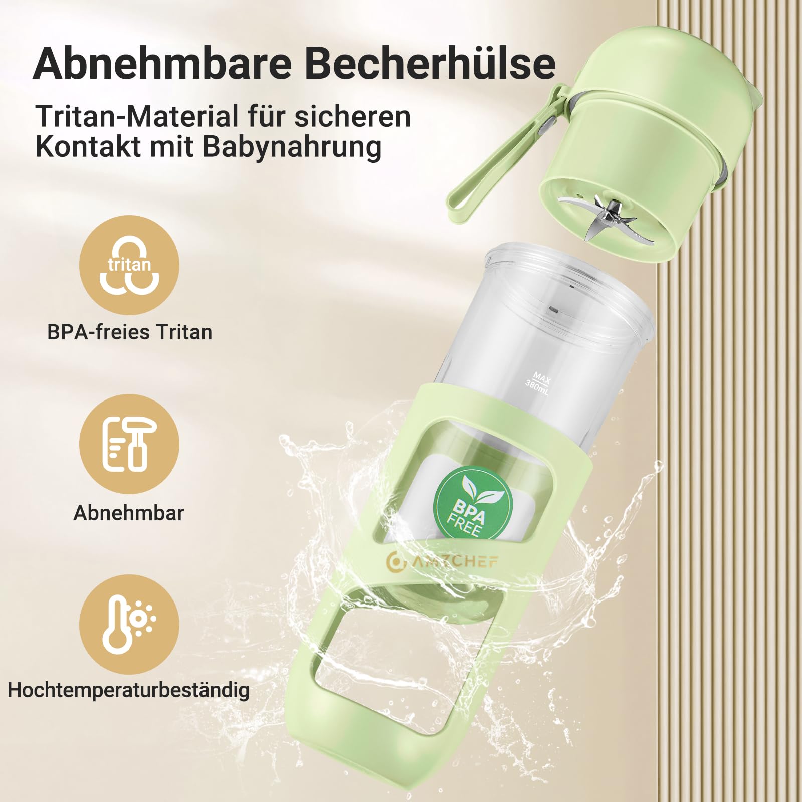 AMZCHEF Vakuum Smoothie Maker, Tragbarer Mixer für Milchshake, Saft, Smoothie - 380ml Vakuum Antioxidantien Saft Flasche - Kabellos wiederaufladbare Flasche für Minimixer