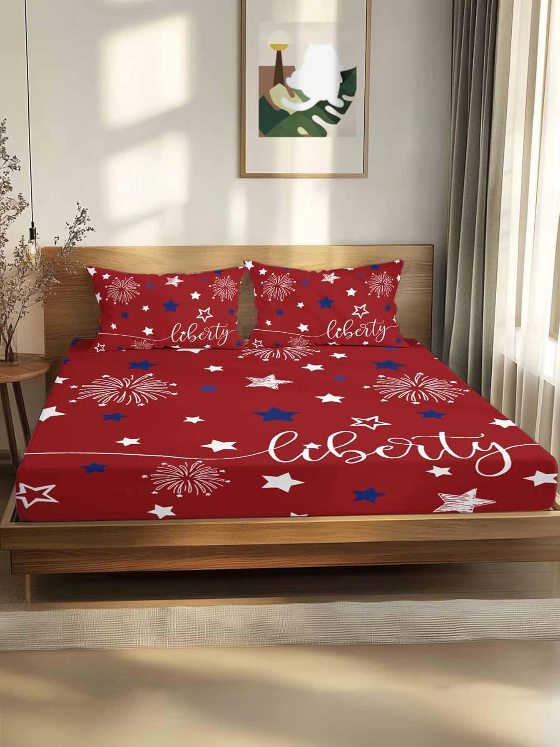 Savannan 3 Pieces King Fitted Sheet Set, 4th of July White Blue Star on Red Deep Pocket Up to 16", Patriotic Liberty Concept Soft Elastic Bed Sheets and Pillow Cases Secure Fit
