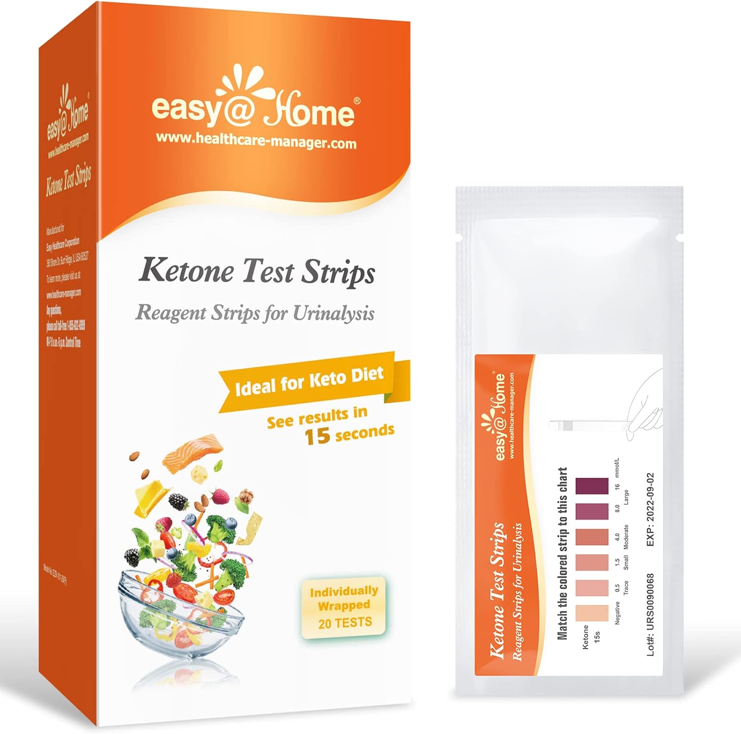 Easy@Home Keto Test - Individual Pouch 20 Strips - Longer Shelf Life and More Accurate Results - Monitor Low Carb Ketogenic Diet, Urine Ketone Tester Sticks 20 Tests/Box : Health & Household
