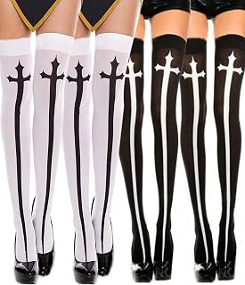 Felite Fnn Women 2 Pairs White + 2 Pairs Black Cross Print Extra Long Over the Knee Socks Thigh High Stockings Habit Nun Costume