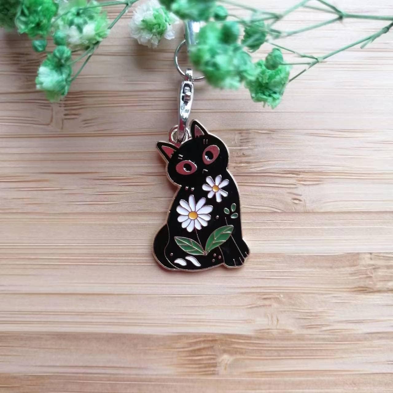 Black Cat Decor Straps White Flower Cat Phone Charms Accessories Cute Animals Hanging Lanyards Mobile Phone Headphone Suppliers - 1 Pack