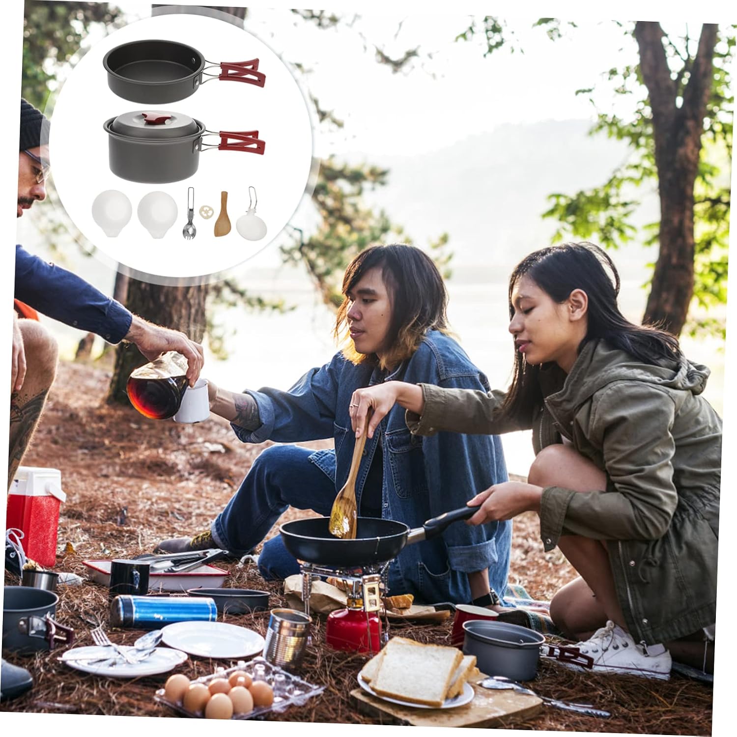 GANAZONO 1set Person Outdoor Cooking Set Portable Aluminum Cookware Kit for Camping and Hiking High-Temperature Resistant -Skid Handle for Backpacking and Picnics