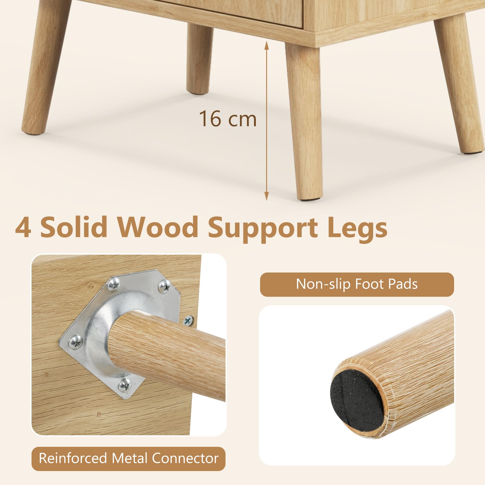 Comodino in rattan con gambe in legno massello, per soggiorno e camera da letto, 45 x 30 x 61 cm, naturale h
