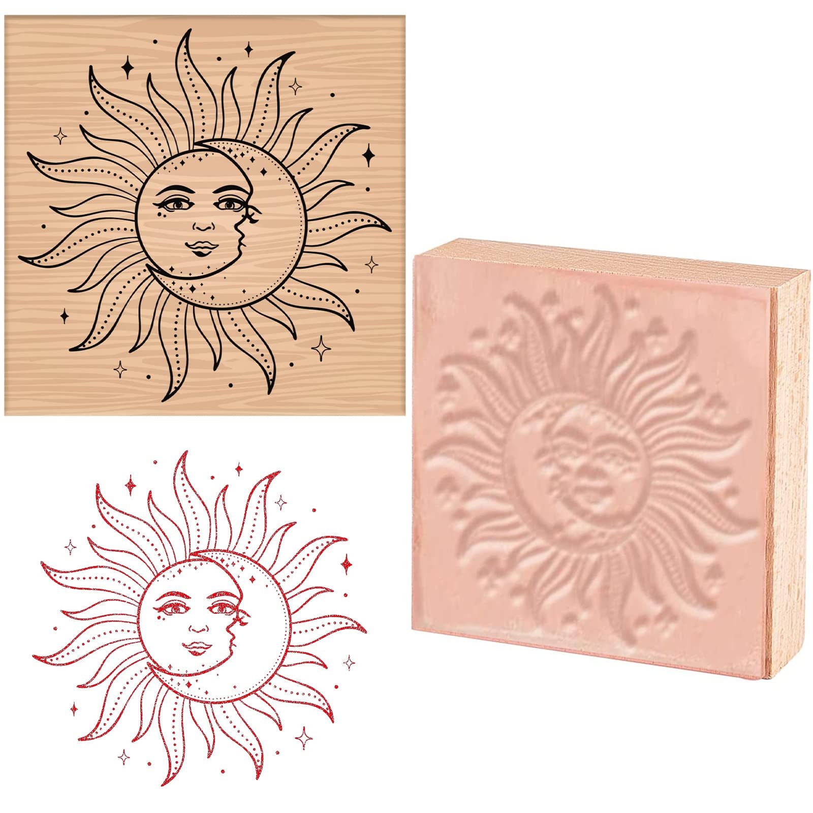 CRASPIRE Wooden Rubber Stamp Sun & Moon Printed Decorative Rubber Seal Stamps 3inch/7.5cm for Card Making DIY Craft