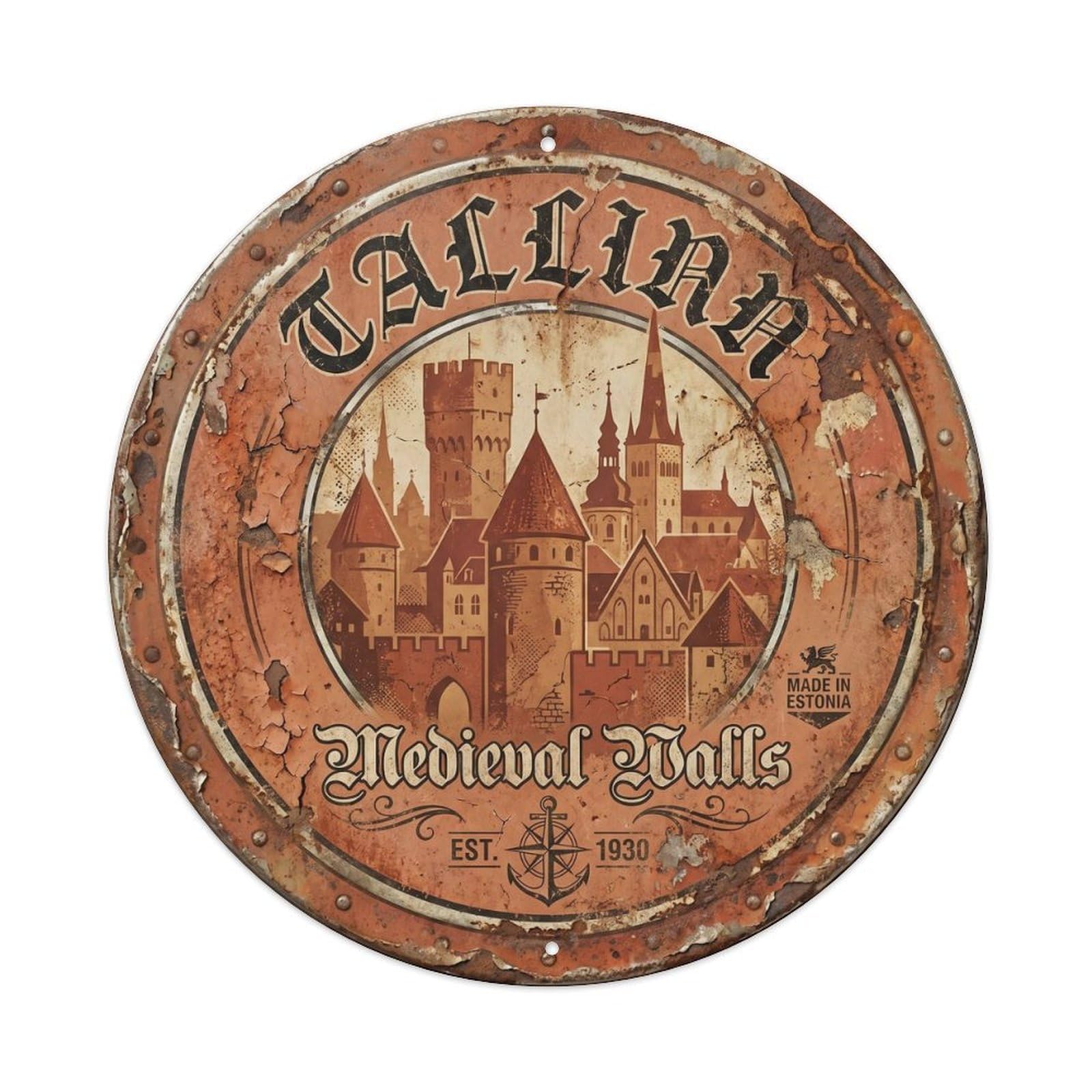 Fortress Medieval Hallway Citadel Metal Tin Sign Plaque Wall Decor for Cafe, Club, Garden Round Metal Poster 8x8Inch