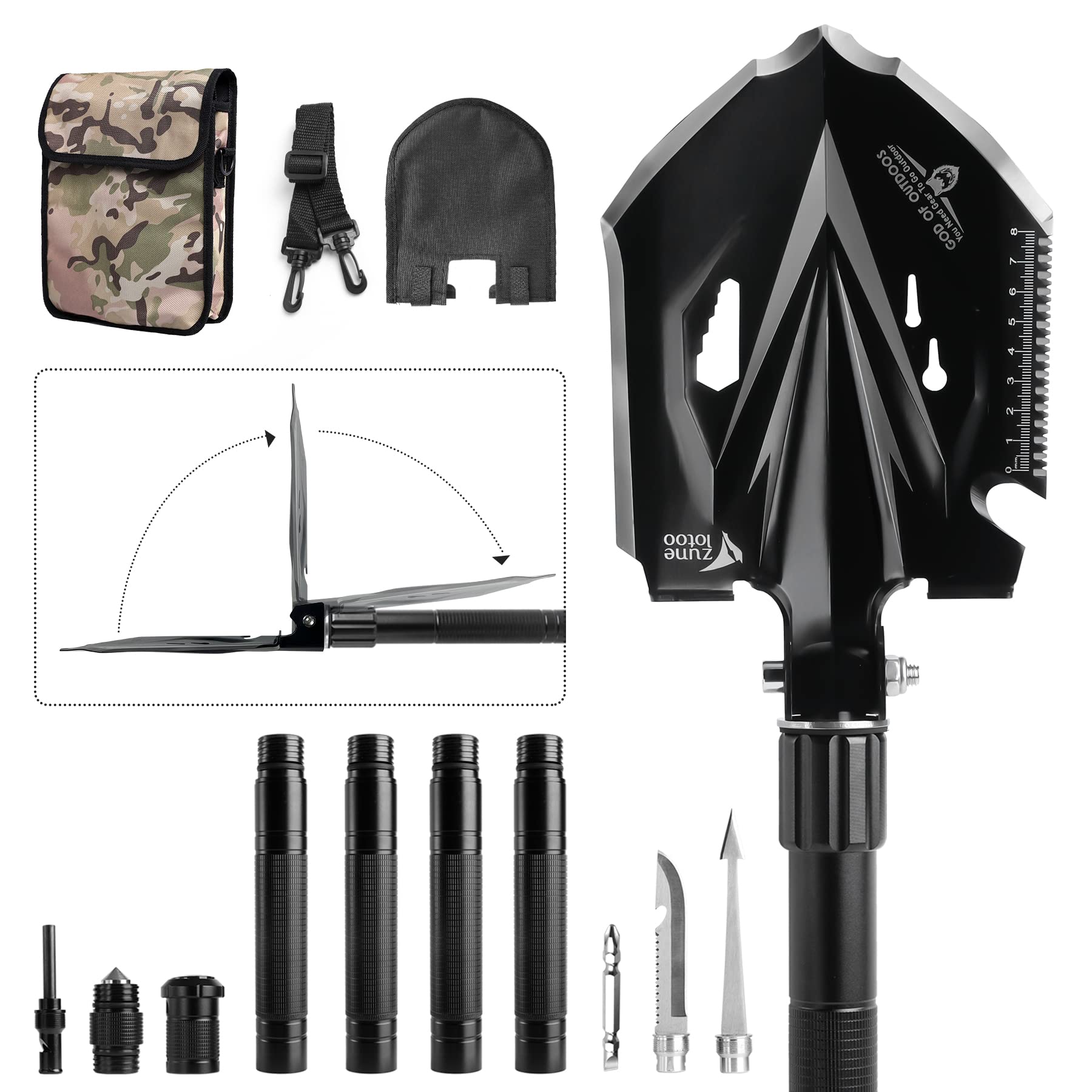 Zune Lotoo Tactical Shovel Survival Tool, 18 in 1 Small Camping Shovel Folding Multitool Compact Entrenching Tool Heavy Duty for Hiking Backpack Emergency Spade Lightweight Car Truck Gift Survivalist