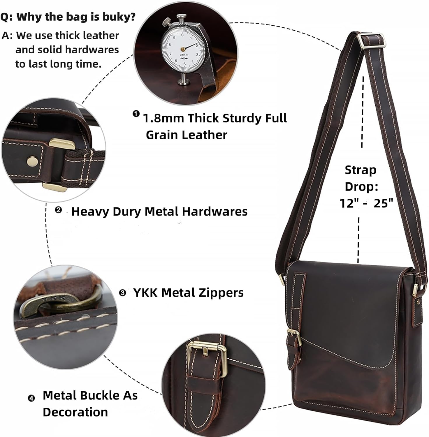 Masa Kawa Leather Messenger Bag Small Crossbody Shoulder Bag Gift for Men Women Flap Over Man Purse Fits 10" Tablet - Image 5