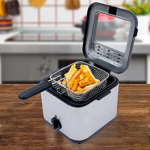 Miniatura 5 de Freidora eléctrica  Freidora de acero inoxidable con cesta y gancho de goteo, capacidad de 2.5 L, tapa transparente para cocina, reuniones