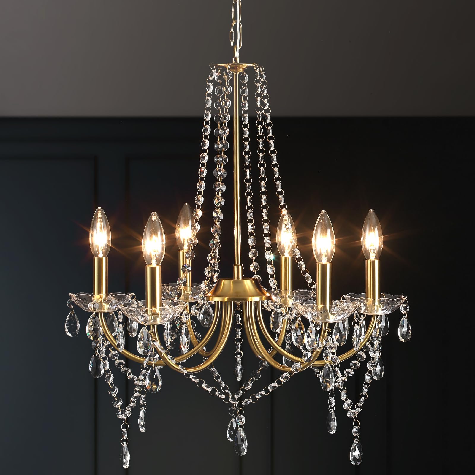 Gold Kristall Kronleuchter Modern, 6 Flammig Vintage Kristall Lampe Deckenleuchte Kronleuchter Wohnzimmer Hängeleuchte E14, Goldene Hängelampe Metall Pendelleuchte für Schlafzimmer Küche Esszimmer